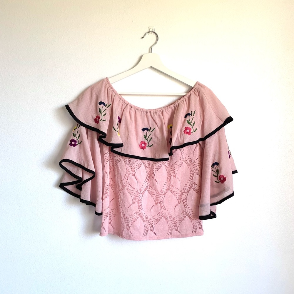 Jeuvre Pink Floral Lace Ruffle Off Shoulder Blouse Top Size Small